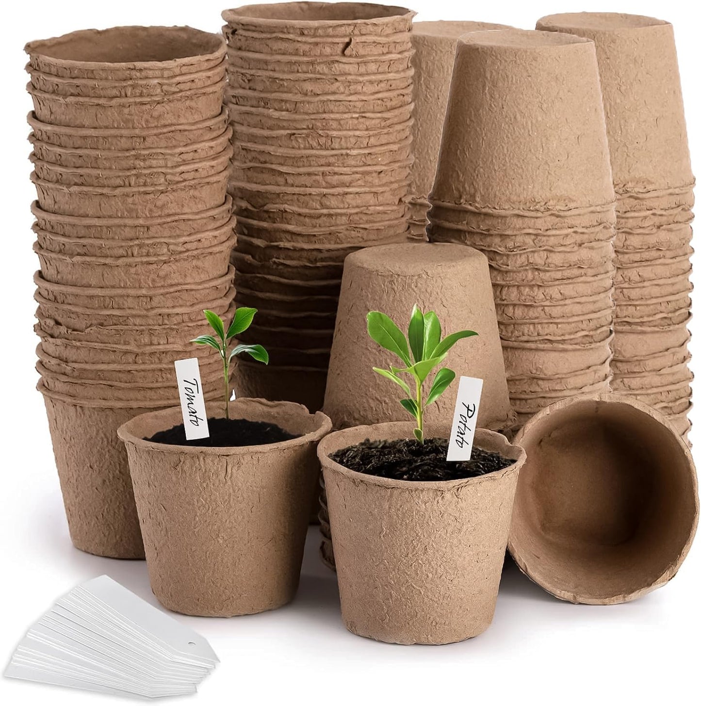 Cedilis 100 Pack 4 inch Peat Pots, Biodegradable Plant Starter Pots with Plant Labels, Germination Station Starter Cups, Disposable Plant Pots for Seedlings, Flowers, Vegetables Seeds