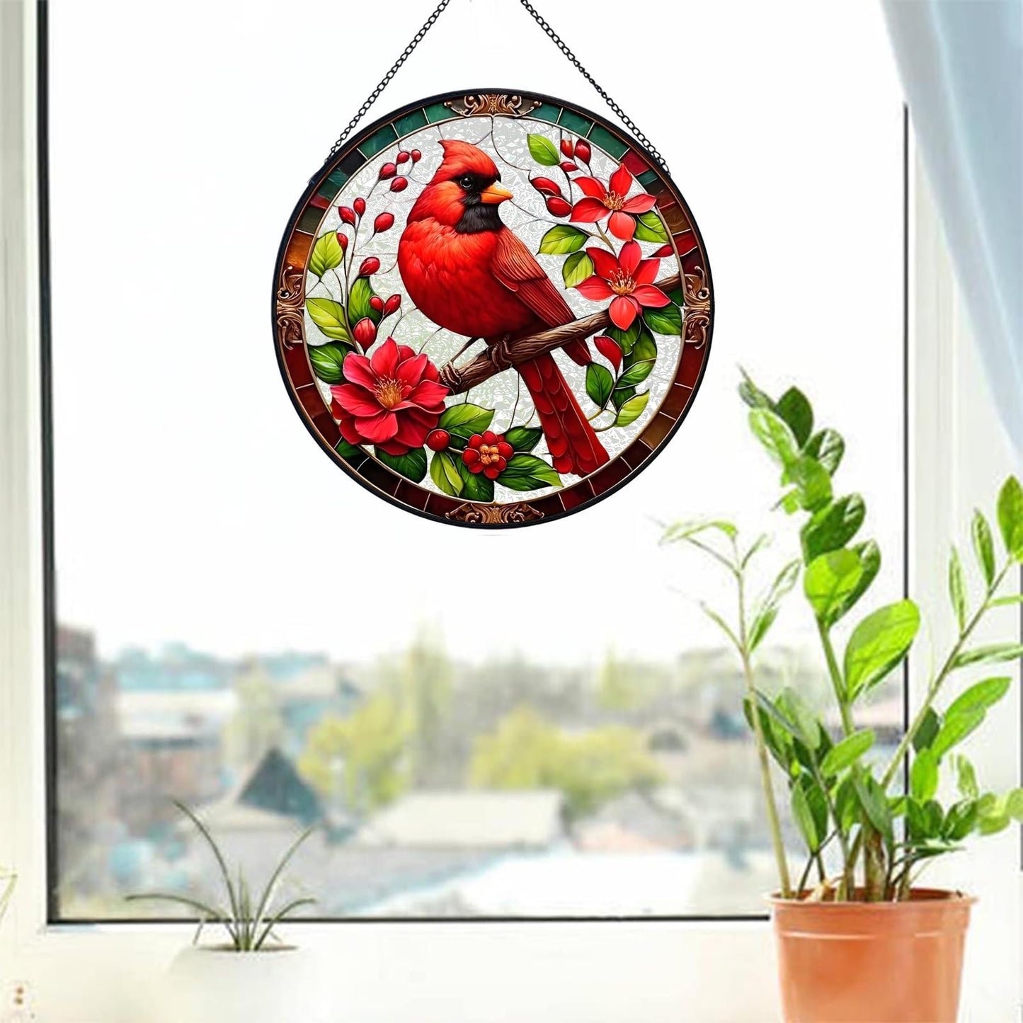 RIVEENY Cardinal Suncatcher Stained Glass, Stained Glass Window Hanging, Cardinal Gifts for Women, Red Birds Suncatchers for Windows, Hand Painted Glass for Birds Lover 20cm/7.87inch