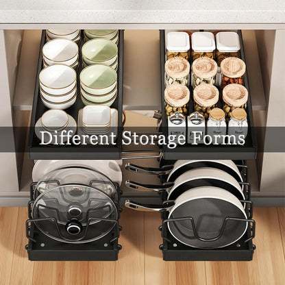 Pull Out Pots and Pans Organizer Under Cabinet - Sliding Lid Holder & Pan Rack with 8 Adjustable Dividers, Easy Access Kitchen Storage for Lids, Bakeware, Dishes (Tool-Free Installation)