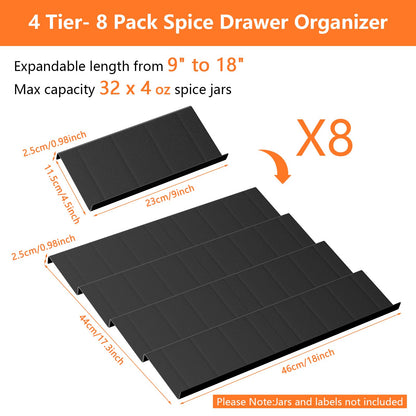 Ceecysaa Spice Drawer Organizer, 4 Tier- 8 Pack Expandable from 9" to 18" for Seasoning Jars Drawers Insert, Kitchen Spice Rack Organizers for Drawer/Countertop (Jars Not Included)