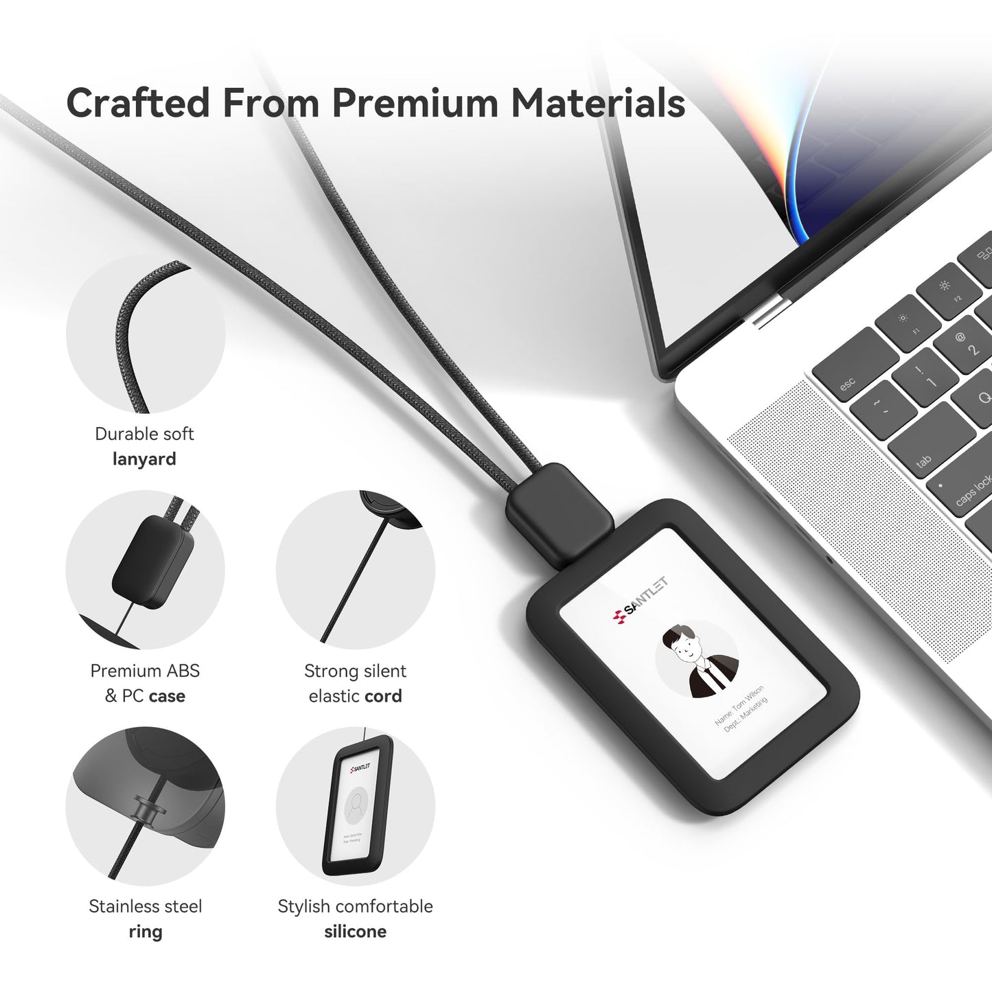 2 Pack Lanyards for ID Badges Holder, SANTLET Silicone ID Badge Holder Name Card Case Protector with Retractable Cord, Safety Breakaway Buckle, 2 Card Slots for Office Staff Teachers Employees Black