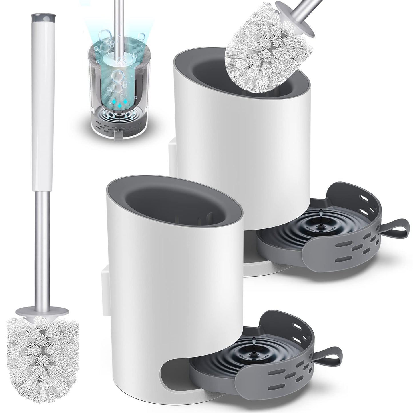 Domi-patrol Toilet Brush and Holder Set 2 Pack, White, Hard Bristle Nylon Toilet Bowl Brushes with Stainless Steel Holder