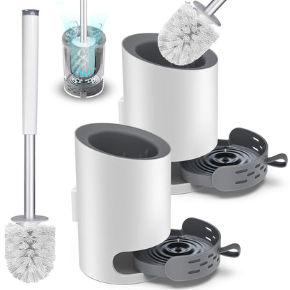 Domi-patrol Toilet Brush and Holder Set 2 Pack, White, Hard Bristle Nylon Toilet Bowl Brushes with Stainless Steel Holder