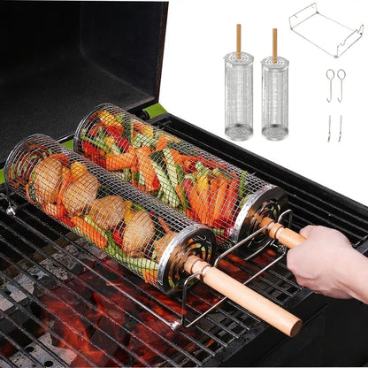 ZASTREXIS 2PCS Rolling Grill Basket, Grilling Basket with Removable Wooden Handle, Holder Included，304 Stainless Steel BBQ Accessories for Outdoor Camping,Picnic,Dinner Party,Gifts for Men Dad Husband