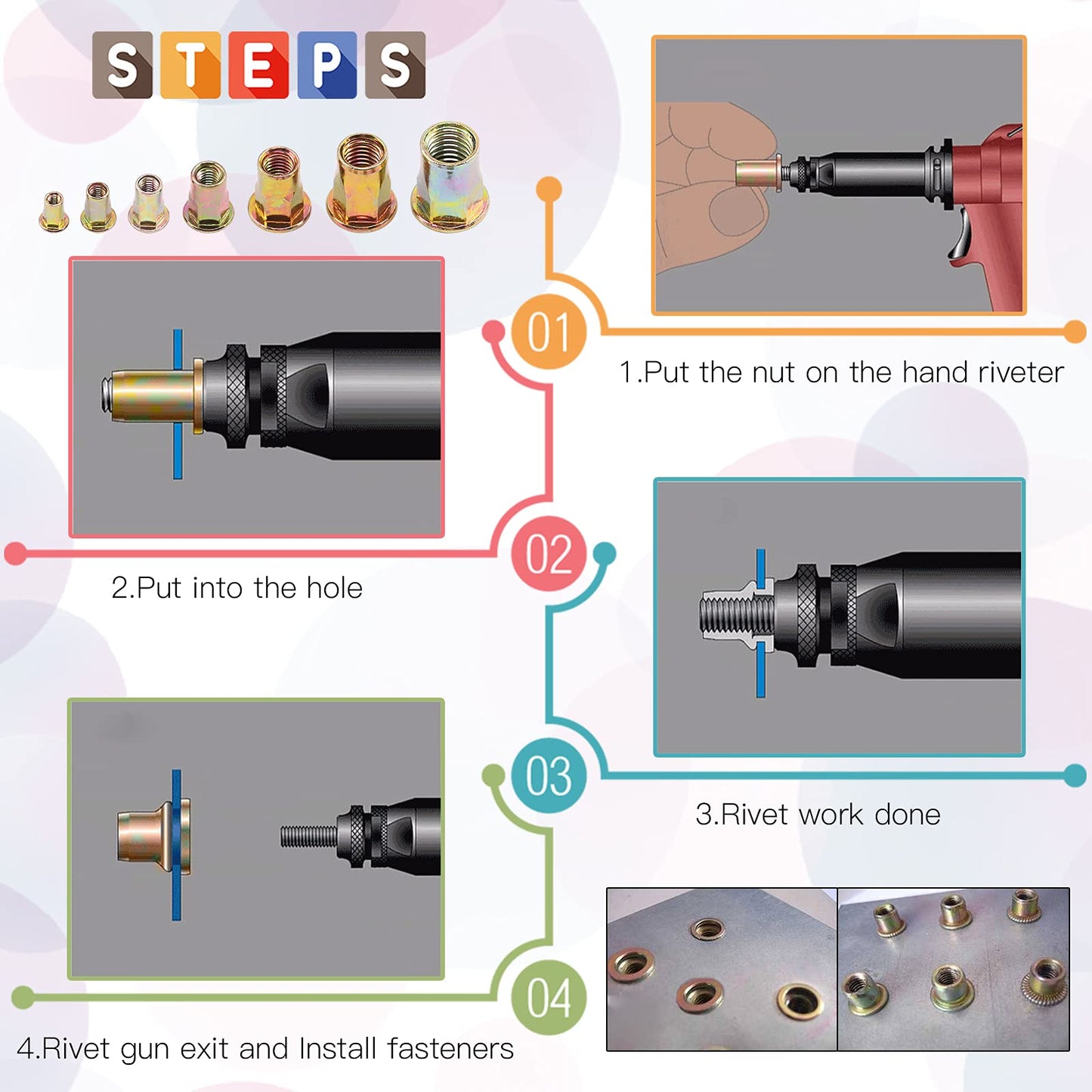 Glarks 320Pcs M3 M4 M5 M6 M8 M10 M12 Half Hex Body Flange Rivet Nuts Assortment Kit, Zinc Plated Carbon Steel Flat Head Threaded Insert Nut Rivnut Set (Rivet Nut Set)