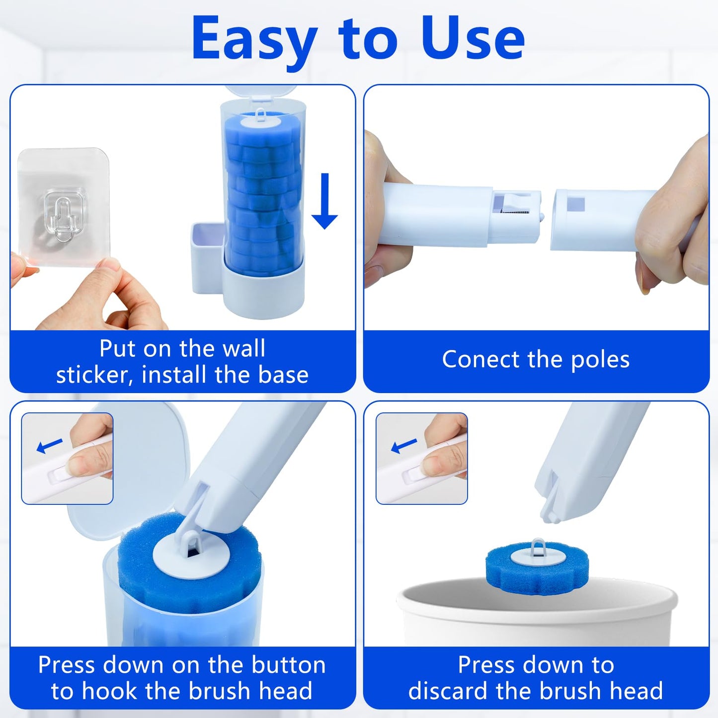 2 Pack Disposable Toilet Brush and Holder Set, with 48 Toilet Bowl Cleaner Refills & Upgraded Clamping System, for Bathroom Cleaning,Sink, Bathtub, Floor, Wall Mounted or Floor Standing