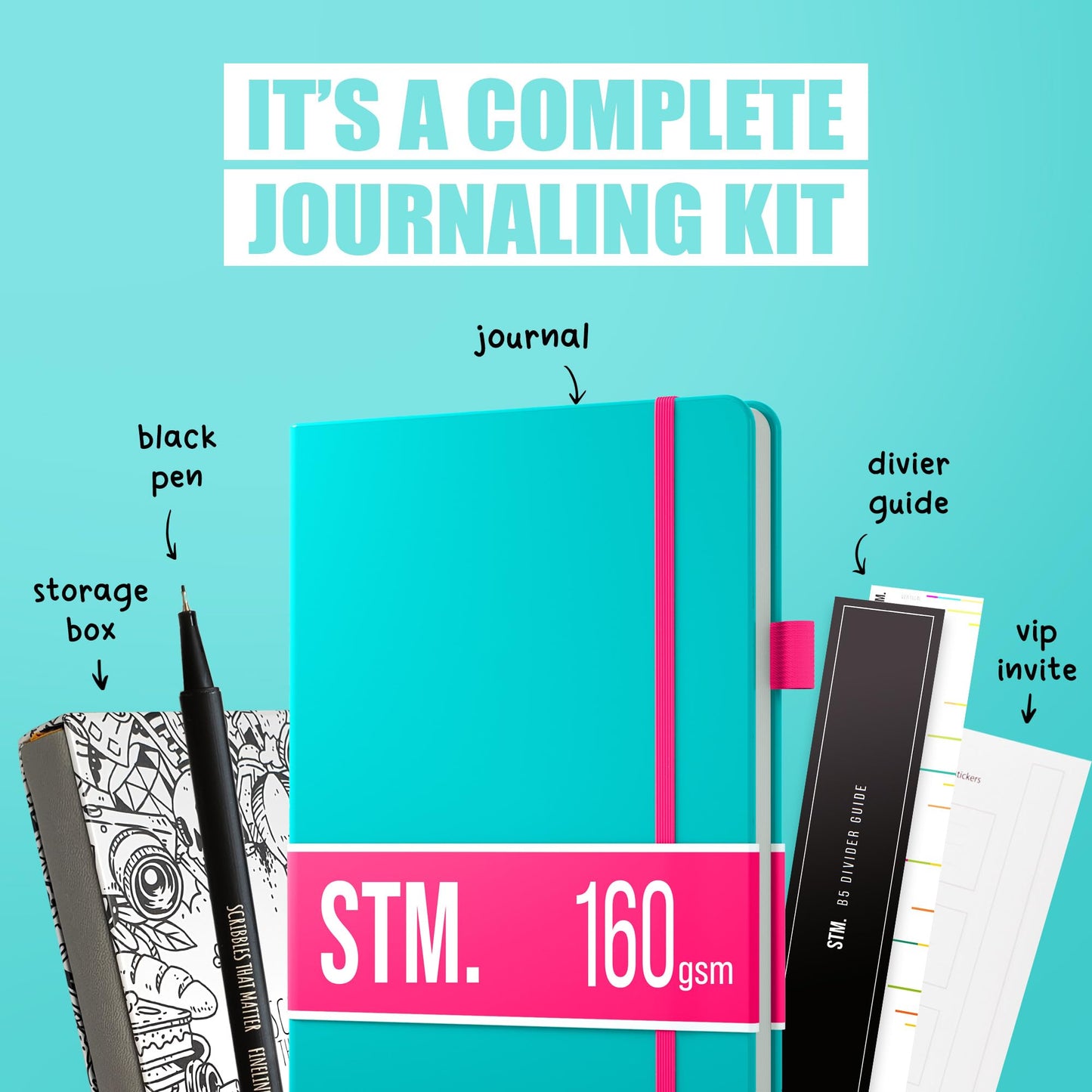A5 Bullet Dotted Journal Notebook by STM | Thick Bleedproof 160gsm Paper, 150 Pages | Lay Flat Vegan Leather Hardcover | 2 Bookmarks, Printed Page numbers | Black Pen | 5.75 x 8.5 in | Charcoal