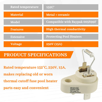 Thermal Cut Off Fuse 152°C, Fusible Link Assembly Replacement Kit for Zodiac R0012200 Raypak 005899F Jandy Pool and Spa Heaters (Pack of 2)