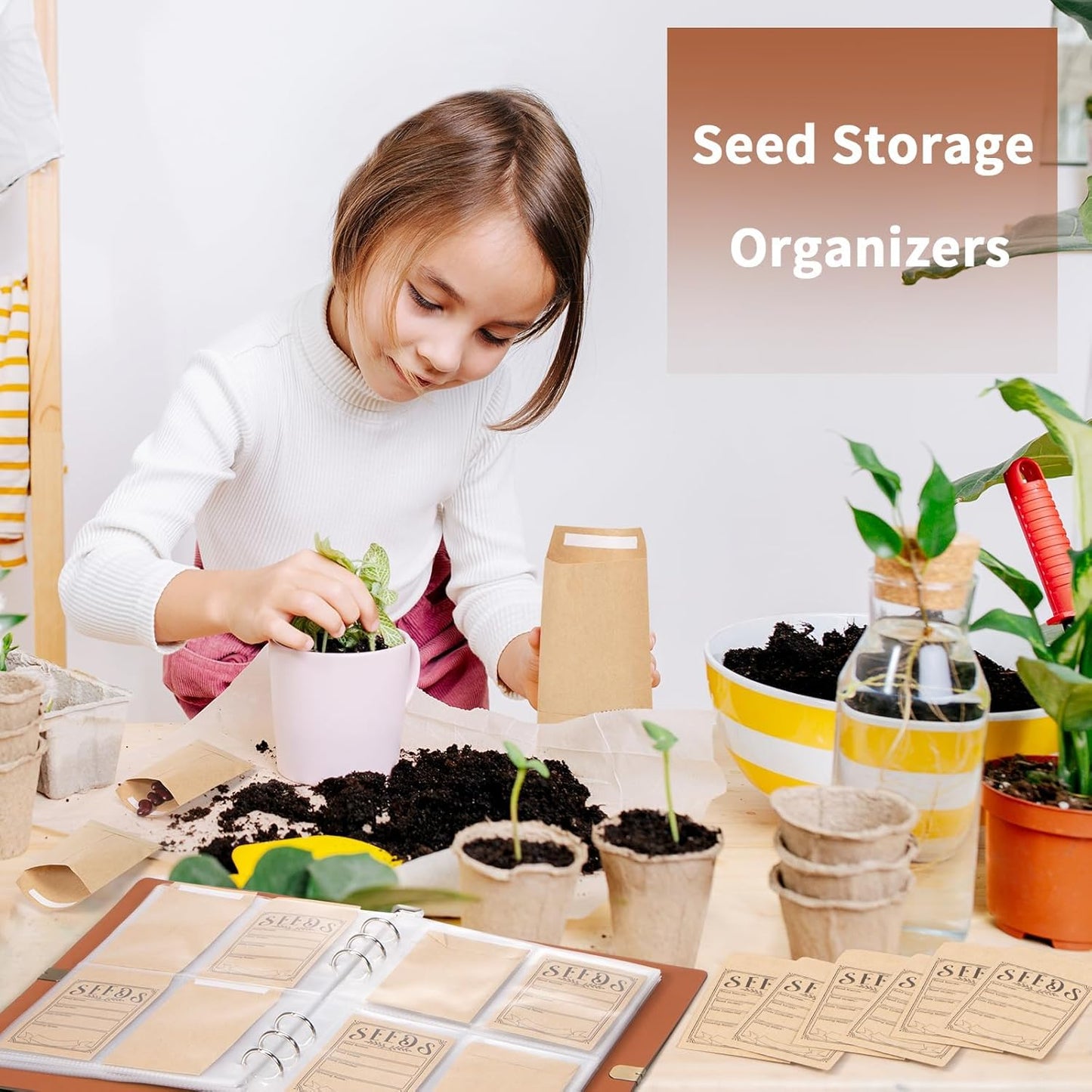 150Pcs Seed Packets Envelopes, Seed Storage Organizer Binder with Resealable Self Sealing Seed Saving Envelopes Garden Seed Storage Envelope for Vegetable (Brown)
