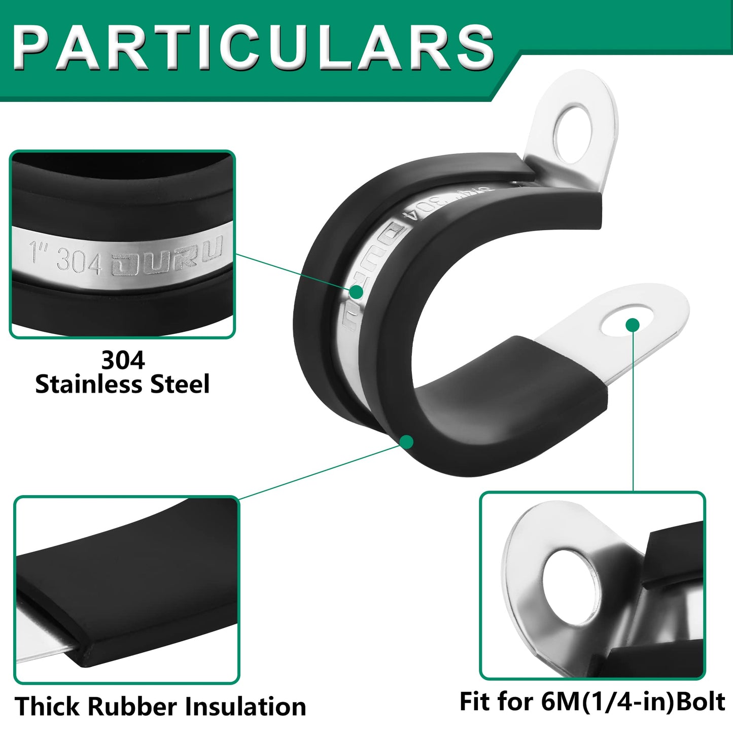 OURU 56PCS Cable Clamps Assortment Kit,6 Sizes—1/4" 5/16" 3/8" 1/2" 5/8" 3/4" Stainless Steel Rubber Coated Cushioned Insulated Cable Clamp,Automotive Cable Wire Clamps,Pipe Clamps,Metal Clamp