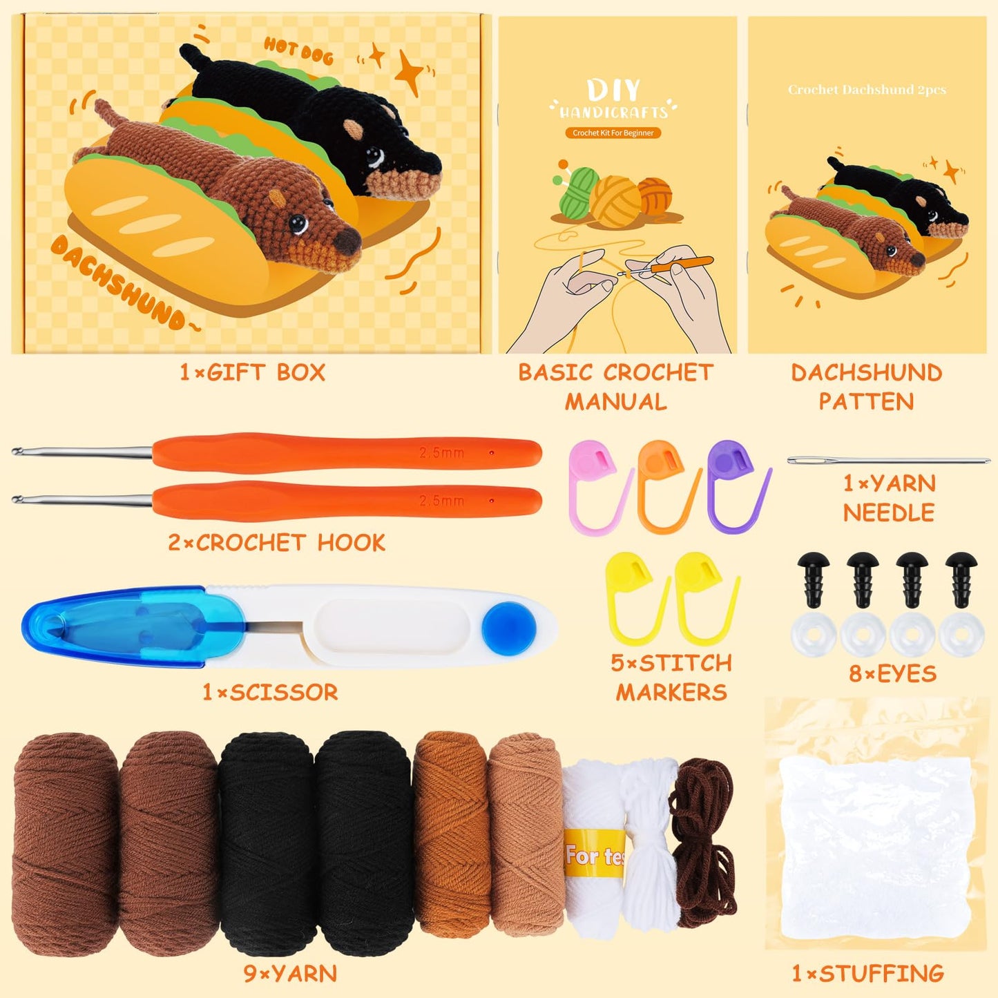 Crochet Kit for Beginners - 2 PCS Dachshund Crochet Kits with Step-by-Step Video Tutorials, Beginner Crochet Kit for Adults, Crochet Animal Kit for Kids, Dog Crocheting Set (Brown & Black)