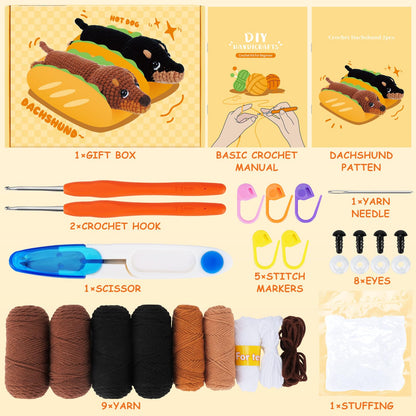Crochet Kit for Beginners - 2 PCS Dachshund Crochet Kits with Step-by-Step Video Tutorials, Beginner Crochet Kit for Adults, Crochet Animal Kit for Kids, Dog Crocheting Set (Brown & Black)