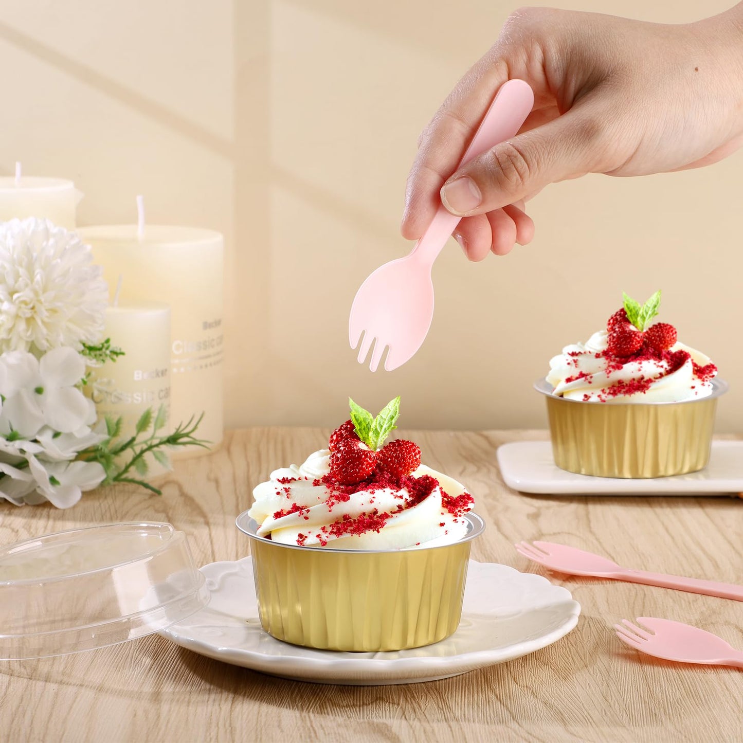 EUSOAR Mini Plastic Sporks, 200pcs 4.5"x1.3" Disposable Sporks, Heavy Duty Disposable Utensils Silverware Set Individually Wrapped Fork Spoon for Party Wedding Birthday Gathering-Pink