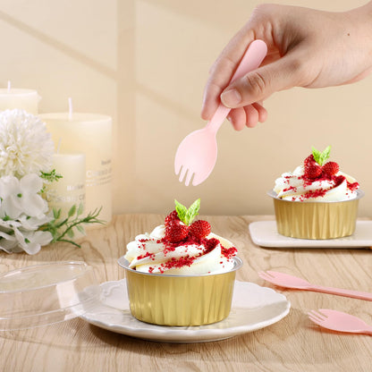 EUSOAR Mini Plastic Sporks, 200pcs 4.5"x1.3" Disposable Sporks, Heavy Duty Disposable Utensils Silverware Set Individually Wrapped Fork Spoon for Party Wedding Birthday Gathering-Pink