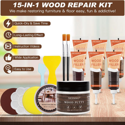 Wood Furniture Repair Kit, 6 Colors Wood Filler Hardwood Laminate Vinyl Floor Repair Kit with Wood Putty, Wood Polish Wax for Hole, Scratch, Crack, Stain (Walnut Wood 15Pcs)