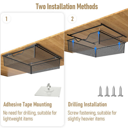 Under Desk Drawer Organizer No Drilling 2 Pack Under Table Storage Drawers Slide Out Mesh Metal Under Desk Hidden Adhesive Drawer for Office Kitchen
