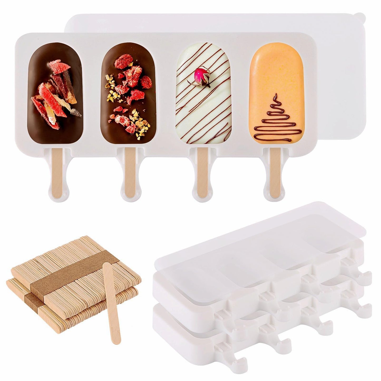 3 Set Popsicles Molds with Lids and 100 Pcs Wooden Popsicles Sticks, Standard Size 4 Cavities Silicone Ice Pop Molds for Making Cakesicles, Cake Pops, Ice Cream - BPA Free
