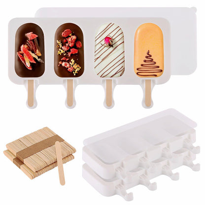 3 Set Popsicles Molds with Lids and 100 Pcs Wooden Popsicles Sticks, Standard Size 4 Cavities Silicone Ice Pop Molds for Making Cakesicles, Cake Pops, Ice Cream - BPA Free