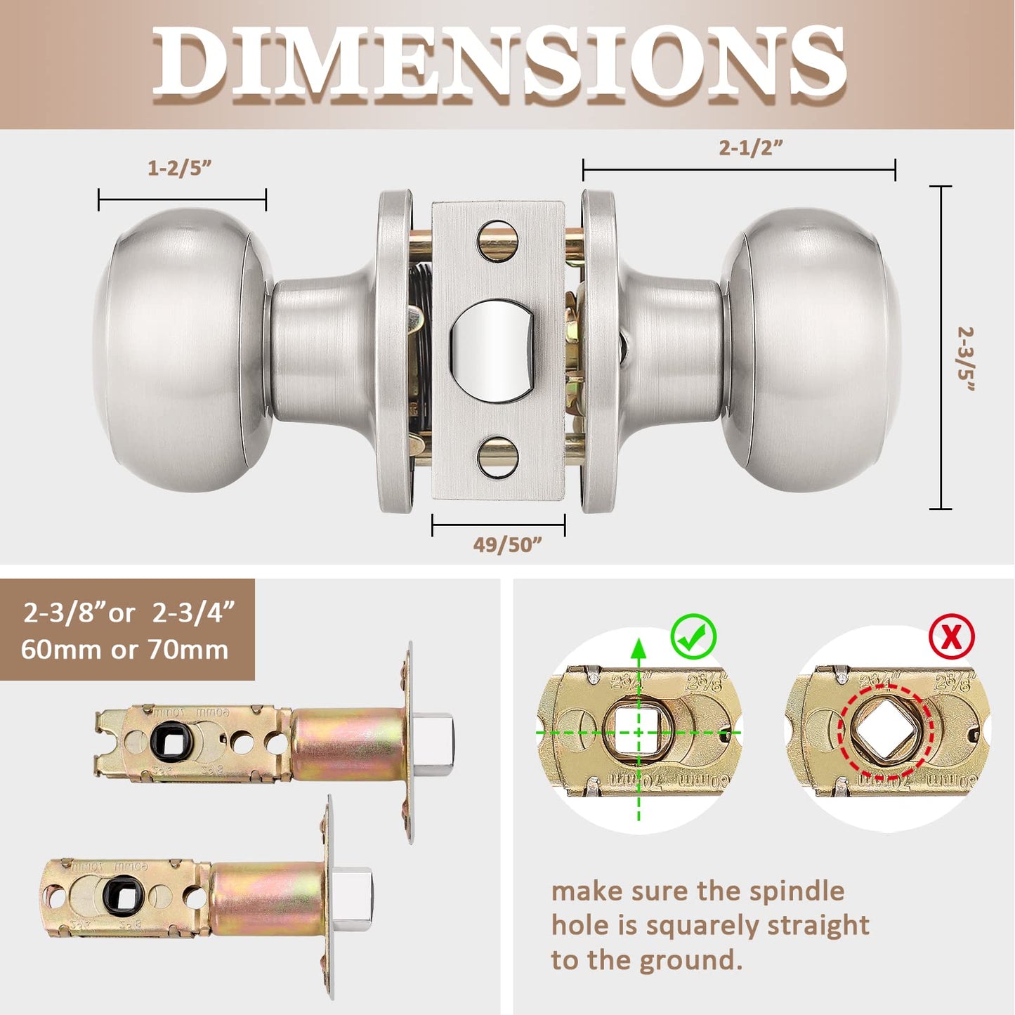 Probrico (2 Pack Round Passage Door Knob(Non-Locking Knobs), Keyless Doorknobs Interior/Exterior Door Knob,Passage Knobs for Hallway/Closet,Satin Nickel Finish Modern Design Door Hardware
