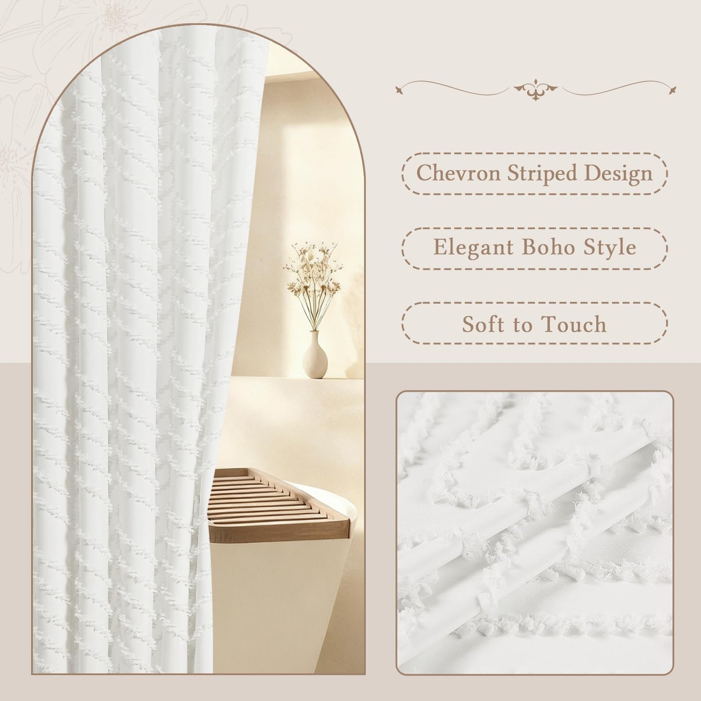 White Boho Farmhouse Shower Curtain Fabric for Bathroom-Hotel Spa Grade, Textured Polyester Waterproof Cloth Curtains-Includes 12 Double-Sided Hooks, 72x72 Inches