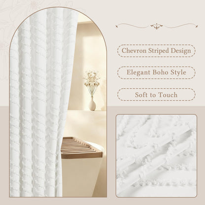 White Boho Farmhouse Shower Curtain Fabric for Bathroom-Hotel Spa Grade, Textured Polyester Waterproof Cloth Curtains-Includes 12 Double-Sided Hooks, 72x72 Inches