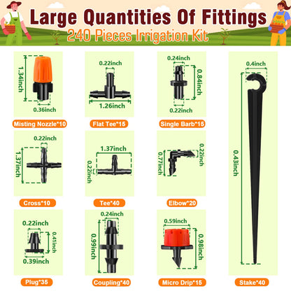 WZFLRUA 240-Piece Drip Irrigation Fittings Kit for 1/4" Tubing, Complete Set of Drip Barbed Connectors (Nozzle, Micro Dripper, Nozzle Tee, Single Barb, Coupling, Tee, Elbow, Plug, Cross, Stake)