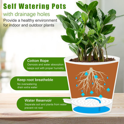 Tsxcnaa Self Watering Pots for Indoor Plants, 5 Packs 7/6.5/6/5.5/5 Inch Self Watering Pots with Drainage Hole and Removable Reservoir Saucers, Plastic Flower Pot (White)