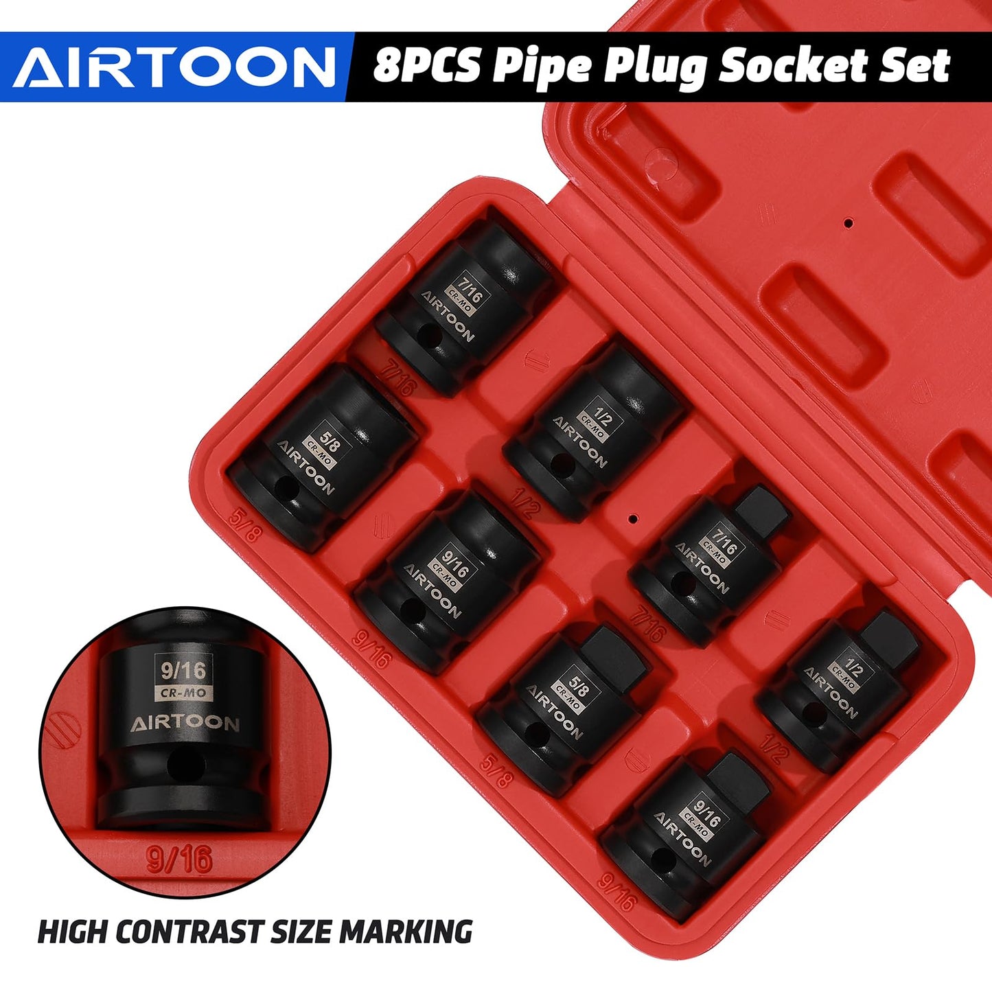 AIRTOON 1/2" Drive Pipe Plug Socket Set, 8-Piece, SAE, CR-MO, 7/16" - 5/8", Tapered Male Square Drive, Chamfered Female Square Drive