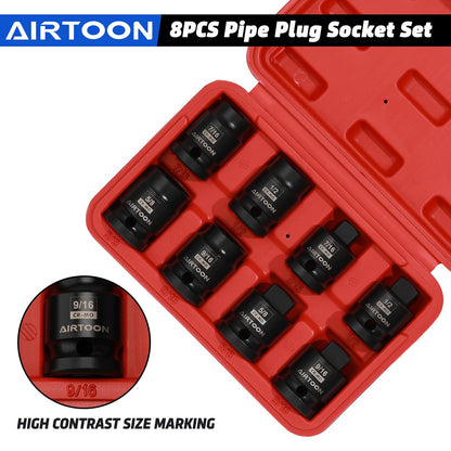 AIRTOON 1/2" Drive Pipe Plug Socket Set, 8-Piece, SAE, CR-MO, 7/16" - 5/8", Tapered Male Square Drive, Chamfered Female Square Drive