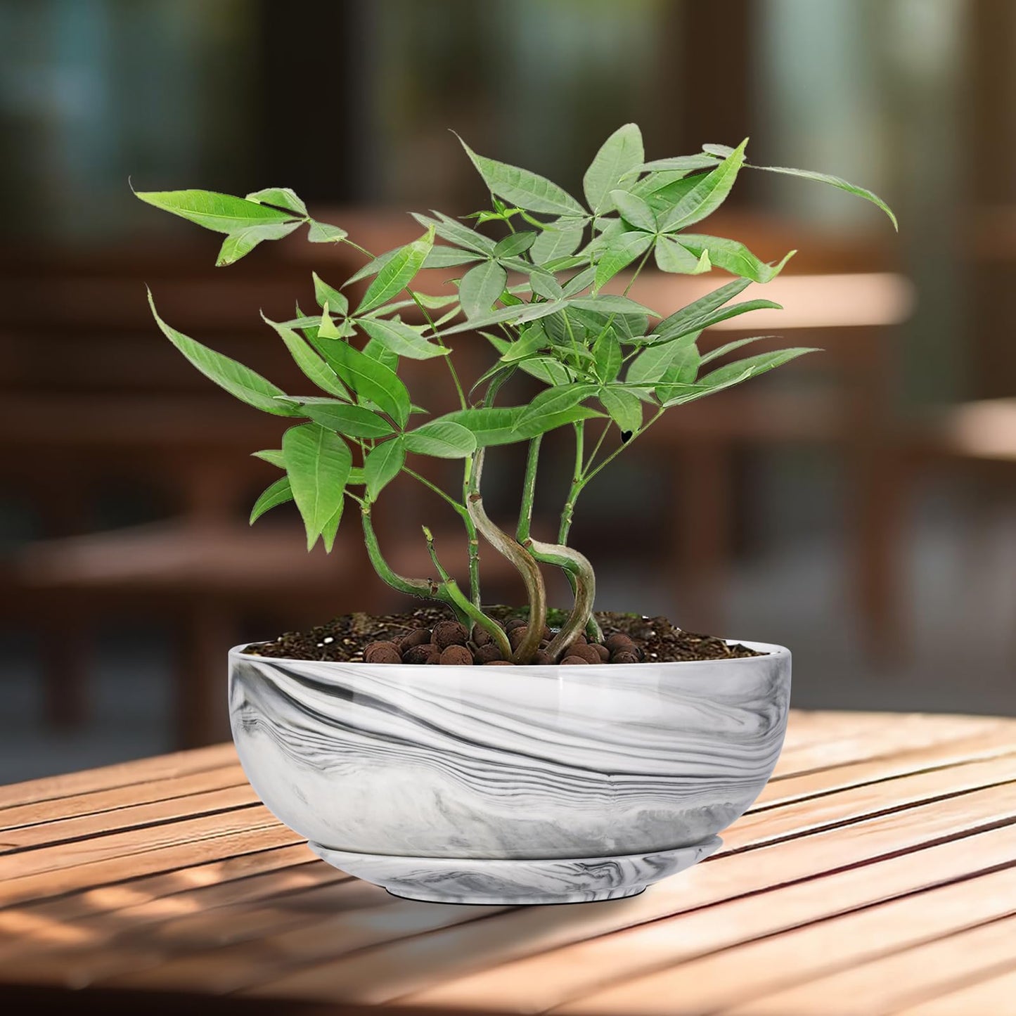 8in Marble Large Round Succulent Planter Pot Modern Flower Pot Indoor and Outdoor Planter with Marble Tray