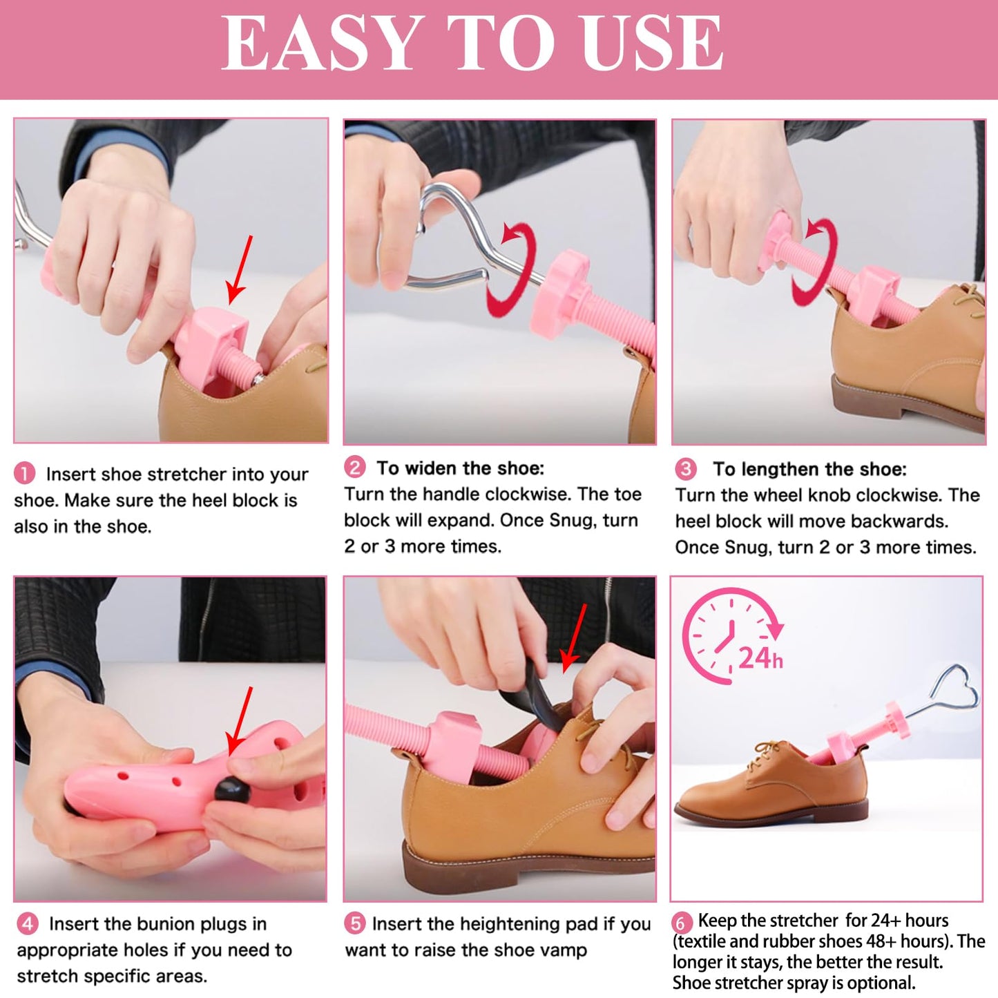 Shoe Stretcher Women, Pair of 4-way Adjustable Shoe Widener Expander to Stretch Length Width Height for Wide Feet, Tough Plastic Shoe Tree Shaper with Bonus 12 Bunion Plugs, Medium
