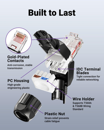 VCELINK CAT6A Tool-Free RJ45 Connector, 10 Gbps, UTP No-Crimp Compact Reusable Plug for Field Termination for 23-26 AWG Ethernet Cables, Black, 6-Pack