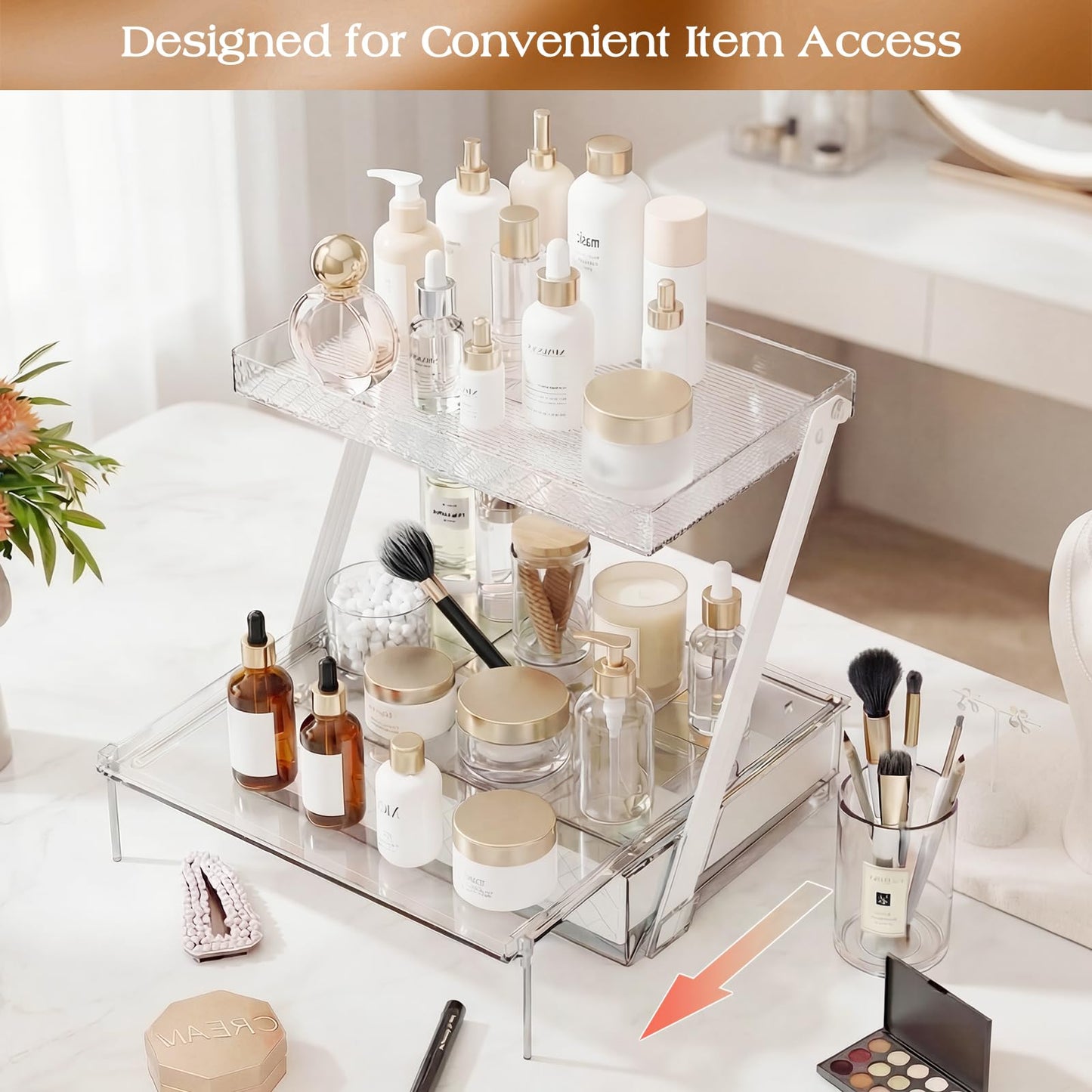 2-Tier Bathroom Countertop Organizer – Acrylic Makeup, Perfume & Skincare Organizer with Sliding Tray & Drawer – Z-Shaped Vanity Organizer for Bathroom, Dresser or Desk