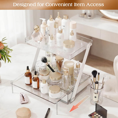 2-Tier Bathroom Countertop Organizer – Acrylic Makeup, Perfume & Skincare Organizer with Sliding Tray & Drawer – Z-Shaped Vanity Organizer for Bathroom, Dresser or Desk