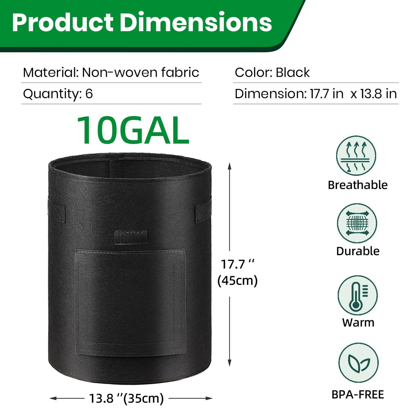 6 Pack Grow Bags, 10 Gallon Potato Growing Bags Breathable Fabric Vegetable Planter Bag with Flap and Handles Large Garden Pots Potato Growing Containers for Vegetables, Fruits and More, Black