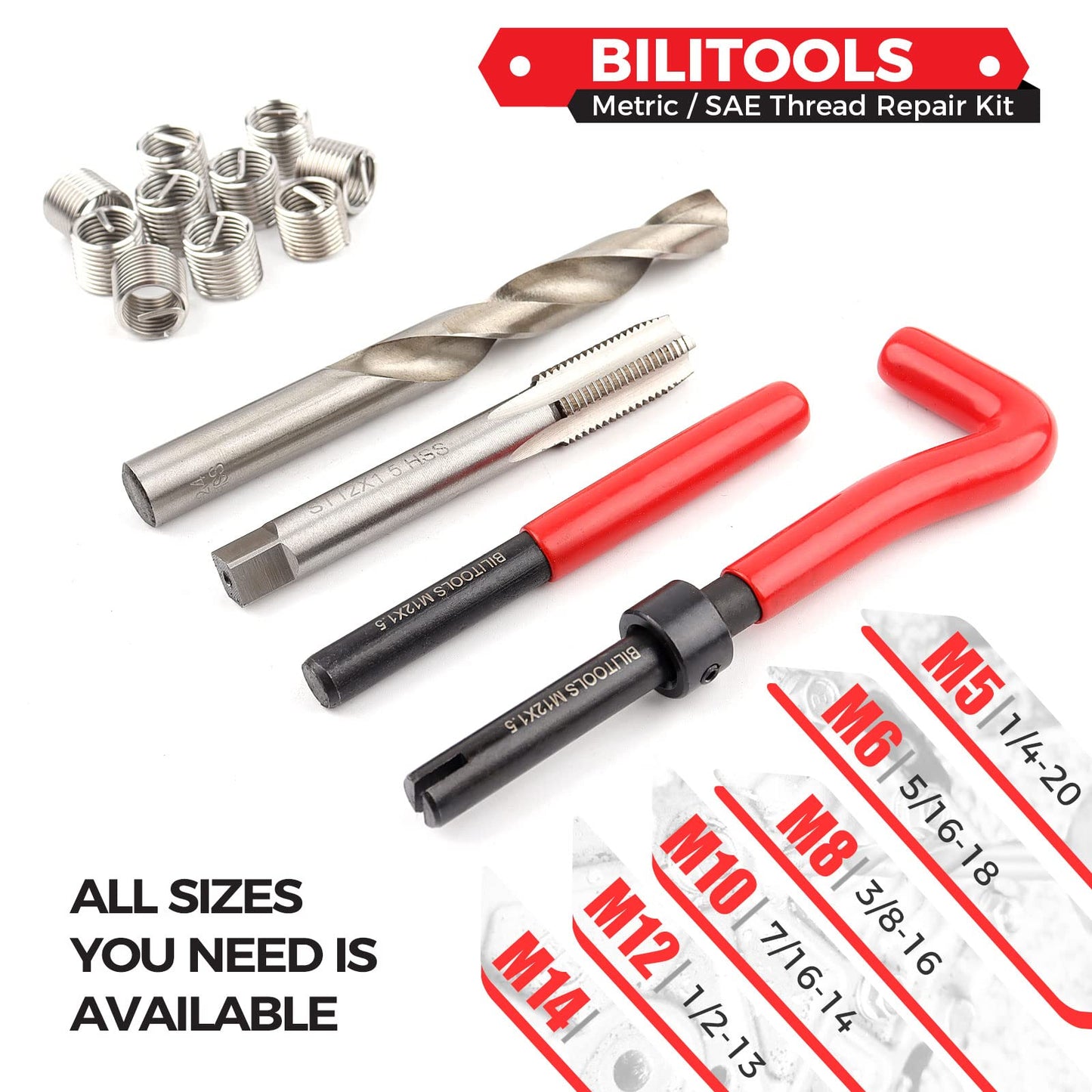 BILITOOLS M12x1.25 Thread Repair Kit, HSS Drill Helicoil Repair Kit Metric