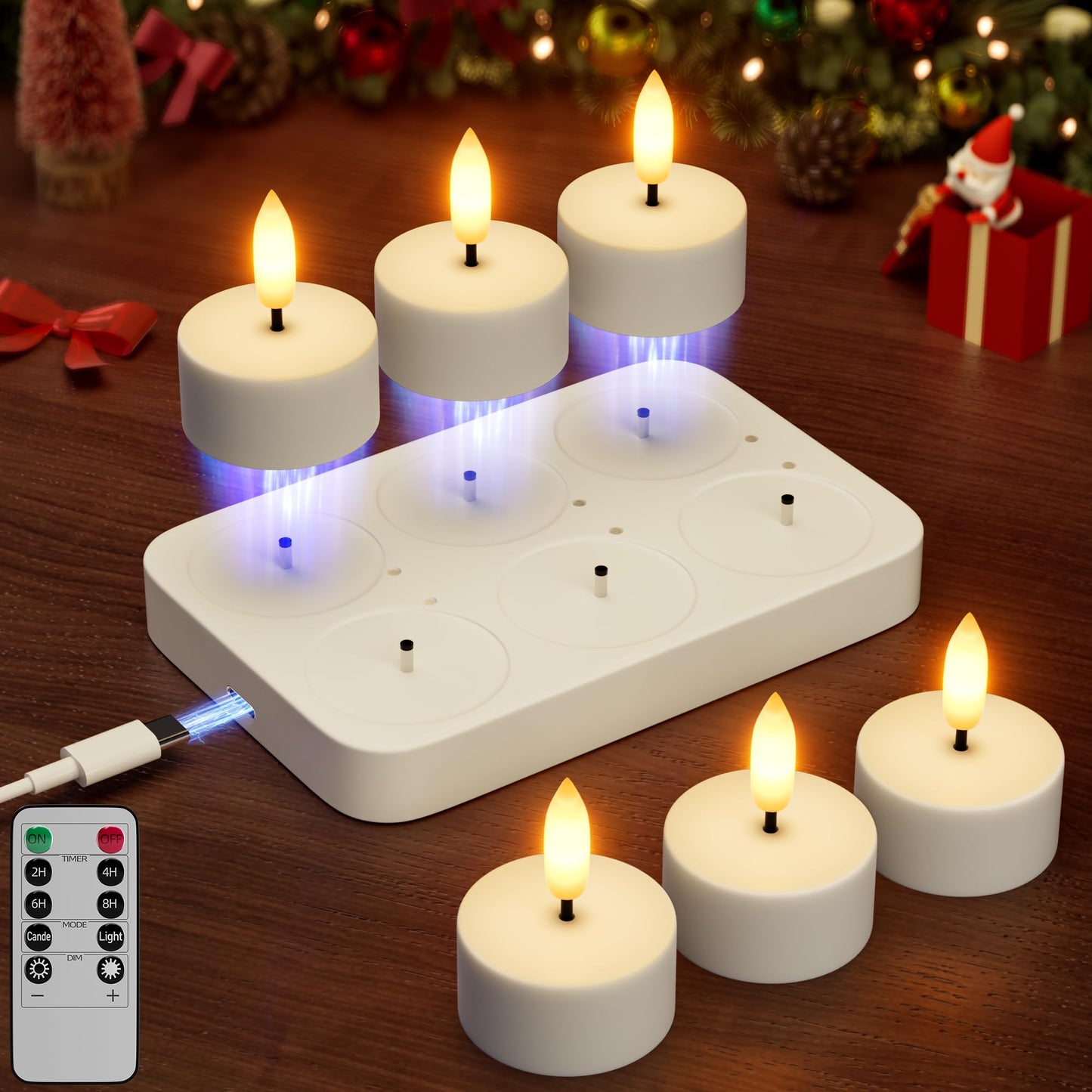 Rechargeable Flameless Tea Lights Candles Battery Operated Remote Control Tea Lights with Timer LED Tealight Candles with Charging Base Votive Candle for Flickering Christmas Halloween Table 6 Pcs