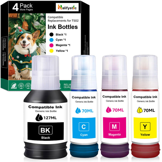 Compatible T502 Ink Refill Bottles Replacement for T502 Ink Bottles Compatible for ET-2760 ET-4760 ET-2750 ET-3760 ET-2850 ET-15000 ET-3710 ET-3850 ET-3750 ET-4850 ET-3830 ET-4750 ET-2700, 4-Pack