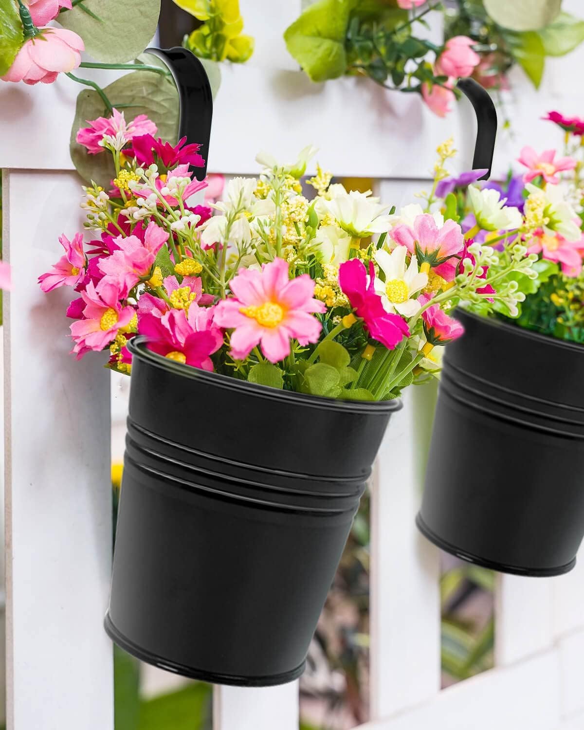 10 CM Small Metal Hanging Flower Pot Indoor - 12 Pcs Round Metal Iron Buckets with Detachable Hooks and Drainage Holes Hanging Herb Planter for Railing Fence Outdoor Balcony Garden Patio Decor, Black