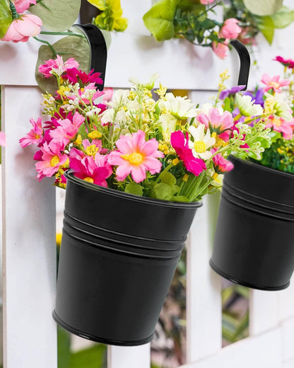 10 CM Small Metal Hanging Flower Pot Indoor - 12 Pcs Round Metal Iron Buckets with Detachable Hooks and Drainage Holes Hanging Herb Planter for Railing Fence Outdoor Balcony Garden Patio Decor, Black