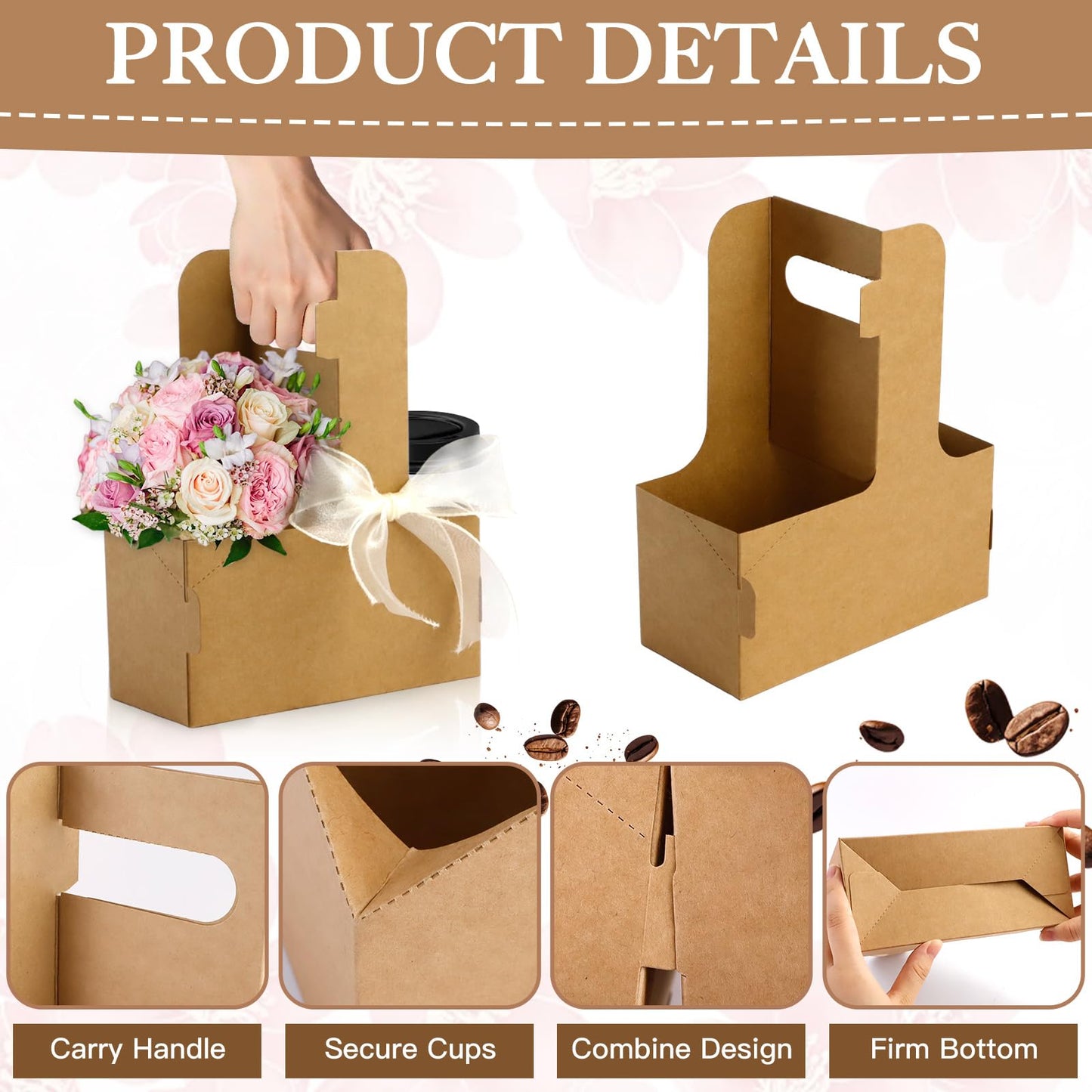 Zoyiancy 30 Pcs Kraft Flower Gift Bags, 2 Cup Drink Carrier with Handle, Floral Wrap Packing Box Paper Holder Basket for Appreciation Gift Birthday Party Favors