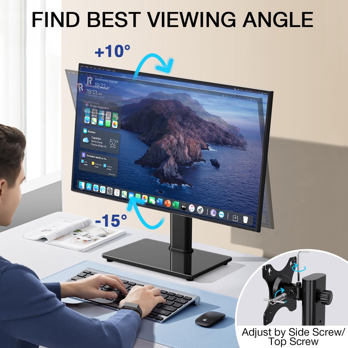 Rfiver Monitor Stand, Single VESA Monitor Stand for Desk with Swivel/Height Adjustable, Computer Monitor Riser for 13-32 inch Screens, Hold up to 44 lbs, Max VESA 100 x 100mm, Black