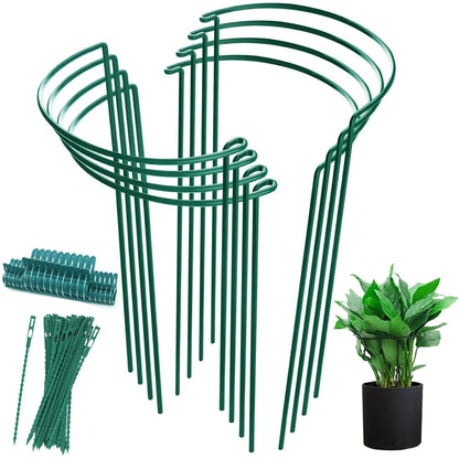 Plant Support Stake, 8 Pack Green Half Round Plant Support Ring Metal Garden Stem Support Stake with 20 Pcs Plant Clips & Plant Ties for Potted Plants Tomato Vegetable Flowers (9.8“W x 15.7”H)