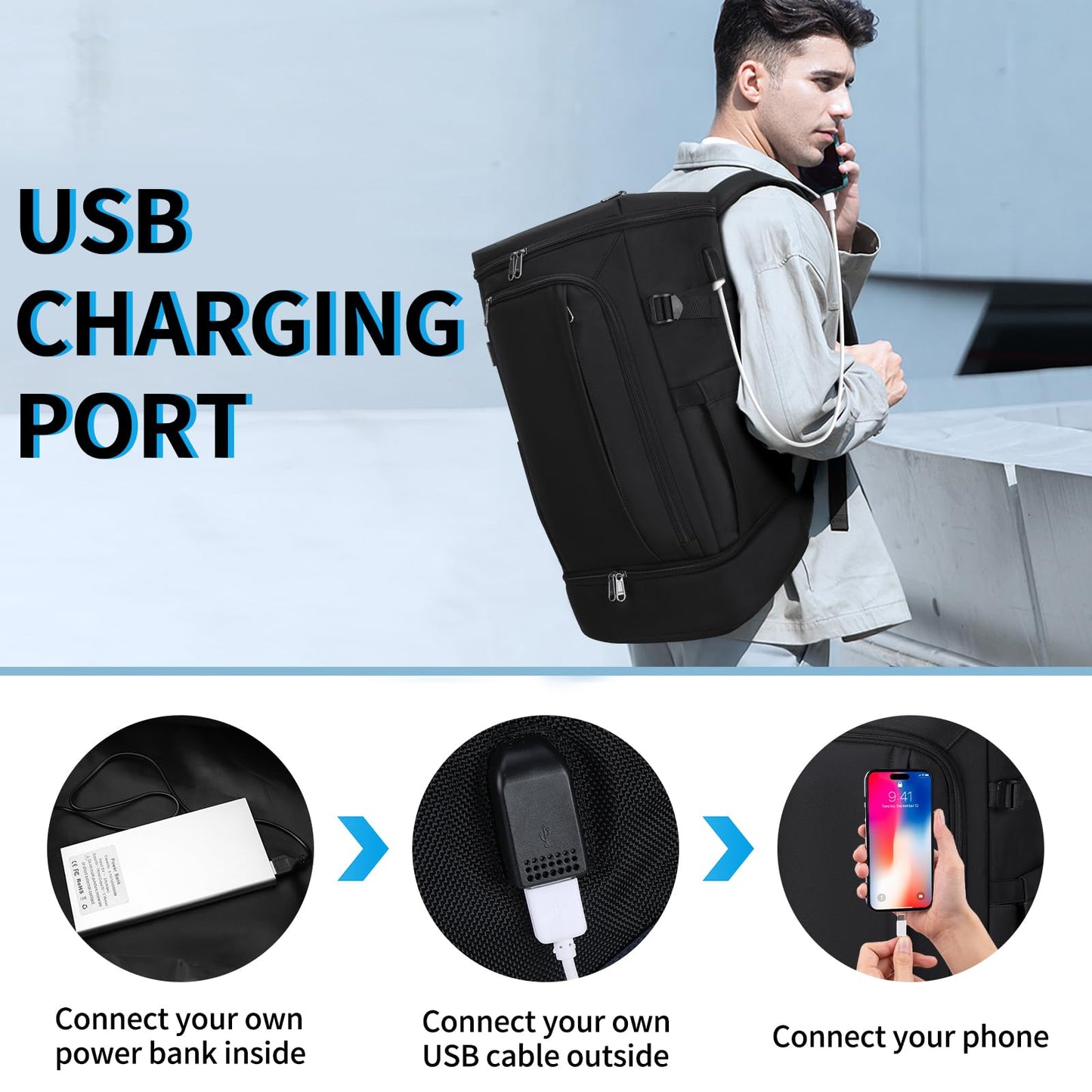 Travel Backpack 15.6 Inch Laptop Backpack for Men and Women Anti Theft Carry On Backpack Flight Approved Computer Backpack with USB Charging Port Large Waterproof Backpacks for Work School, Black