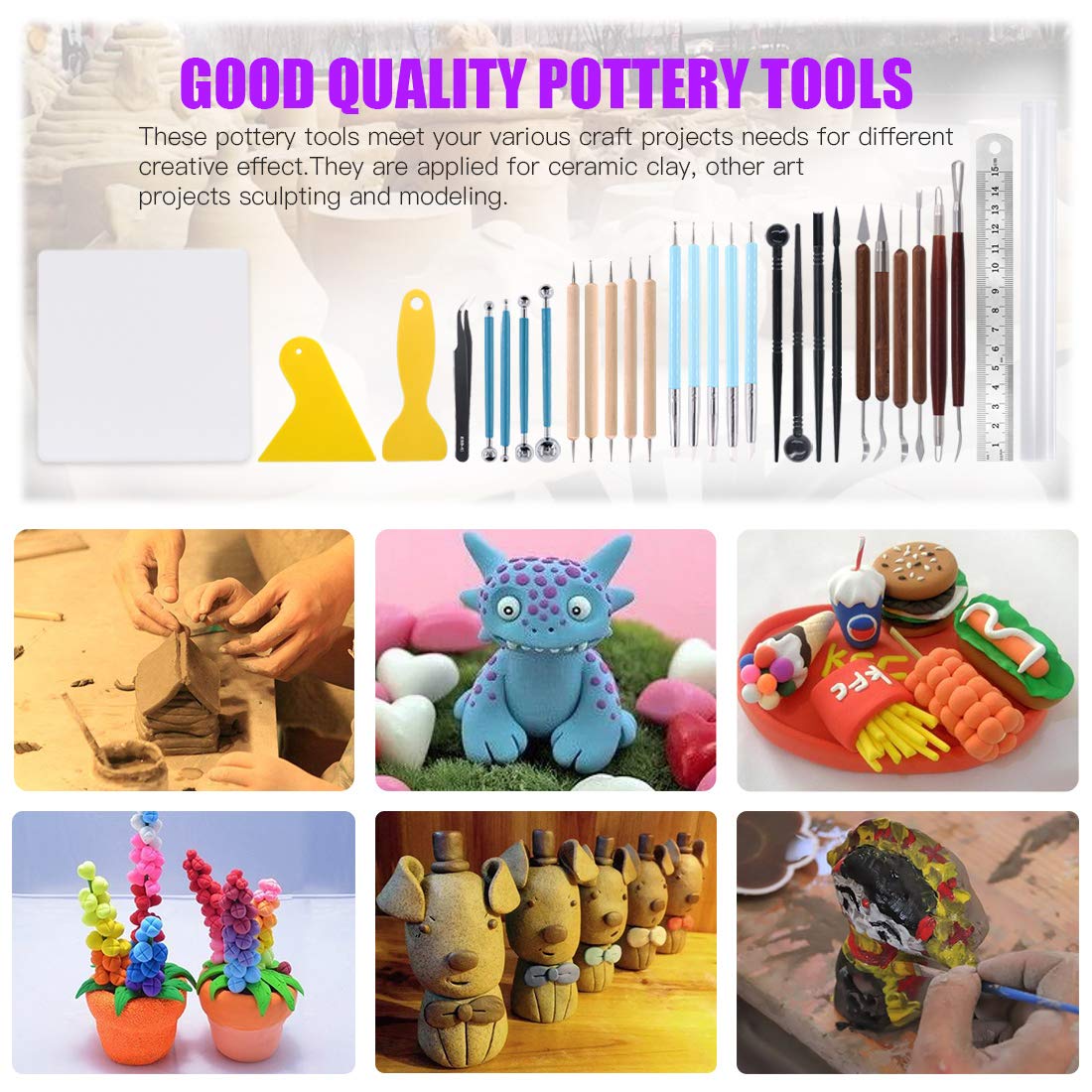 Swpeet 30Pcs Modeling Clay Sculpting Tools Kits, Ball Stylus Tool Handle Double-Sided Set Dual-End Dotting Tools Plastic Ball Rod Stylus Modeling Tools, Clay Roller, Clay Scarpe