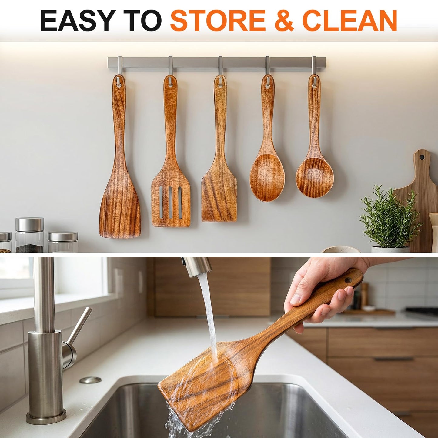 5 Pcs Best Wooden Spoons for Cooking Kitchen Utensils Set Non Stick Spoon Acacia Wood Utensil Cooking Spatula Turner Slotted Spoon Flat Wooden Spatula Set Mixing Cooking Spoons Kitchen Utensils