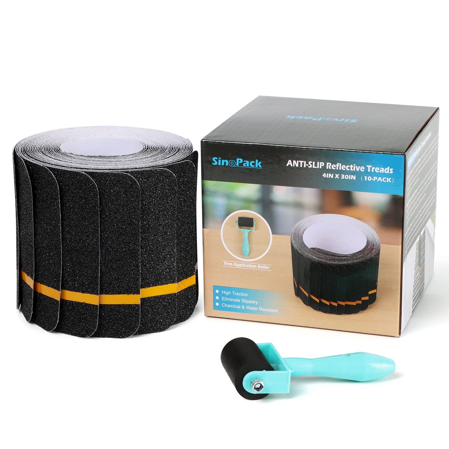 SinoPack Anti Slip Tape with Yellow Reflective Strips (10-Pack) 4'' x 30'' Waterproof Non Skid Tapes, Best Grip Non Slip Strips Tape High Traction Friction Abrasive Adhesive for Stairs Step