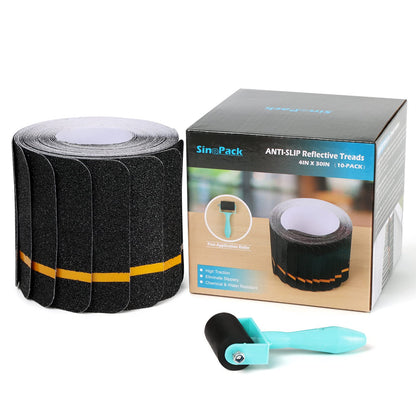 SinoPack Anti Slip Tape with Yellow Reflective Strips (10-Pack) 4'' x 30'' Waterproof Non Skid Tapes, Best Grip Non Slip Strips Tape High Traction Friction Abrasive Adhesive for Stairs Step