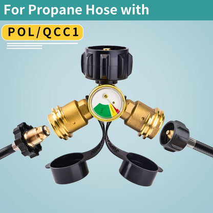 Bbcuepro Propane Tank Y Splitter Adapter with Gauge - 2 Way Propane Splitter - LP Gas Adapter Tee Connector for 20lb Propane Cylinder, BBQ Grill, Gas Burner, Camping Stove, Heater, RV Camper