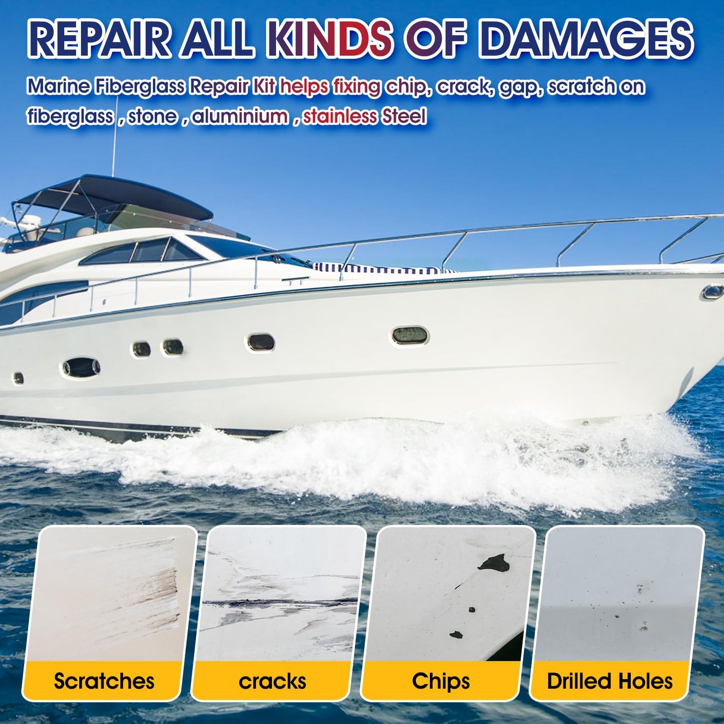 Marine Fiberglass Repair Kit, Quadence gelcoat Repair kit for Boats, Waterproof Epoxy Filler for Fiberglass Boats Fix Holes, Chips, Deep Cracks, Scratches- Fast Drying, Color Match